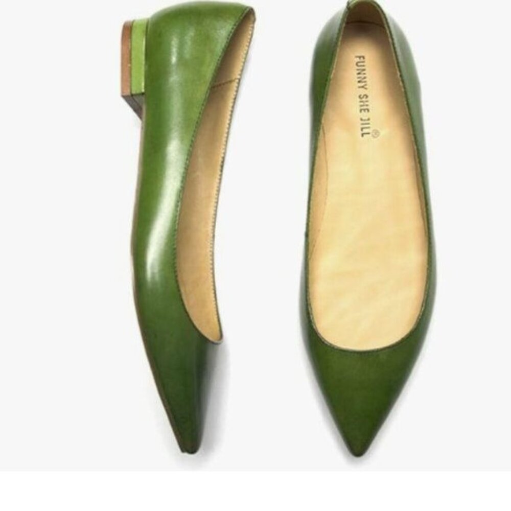 FSJ Olive Green Pointed Leather Ballet Flats